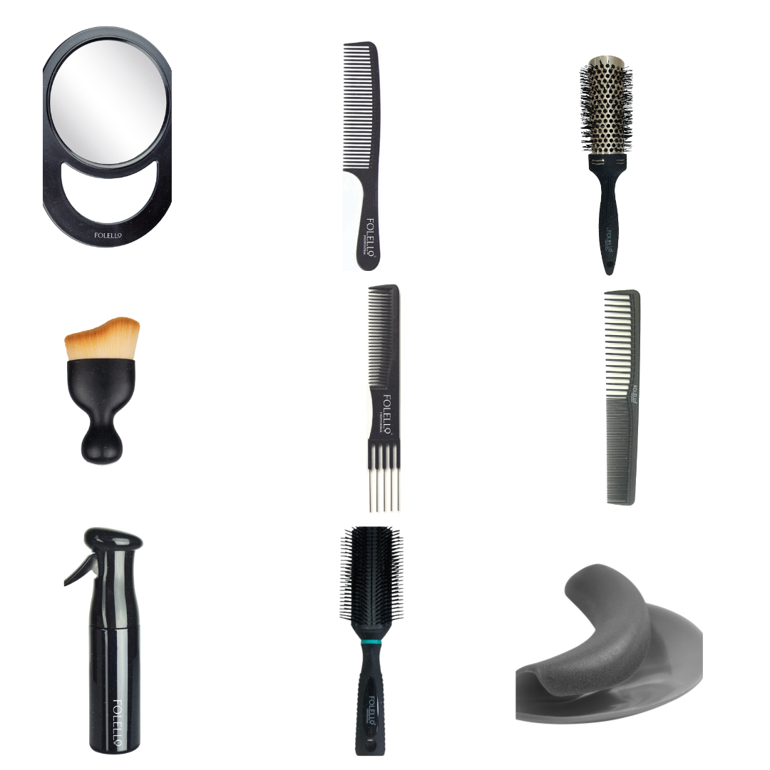 FOLELLO Complete Salon Essentials Kit: Neck Rest, Styling Brushes, Magic Mist Spray, Mirror, Hair Brushes, Carbon Fiber Combs, Blow Dry Brush, Teasing Comb