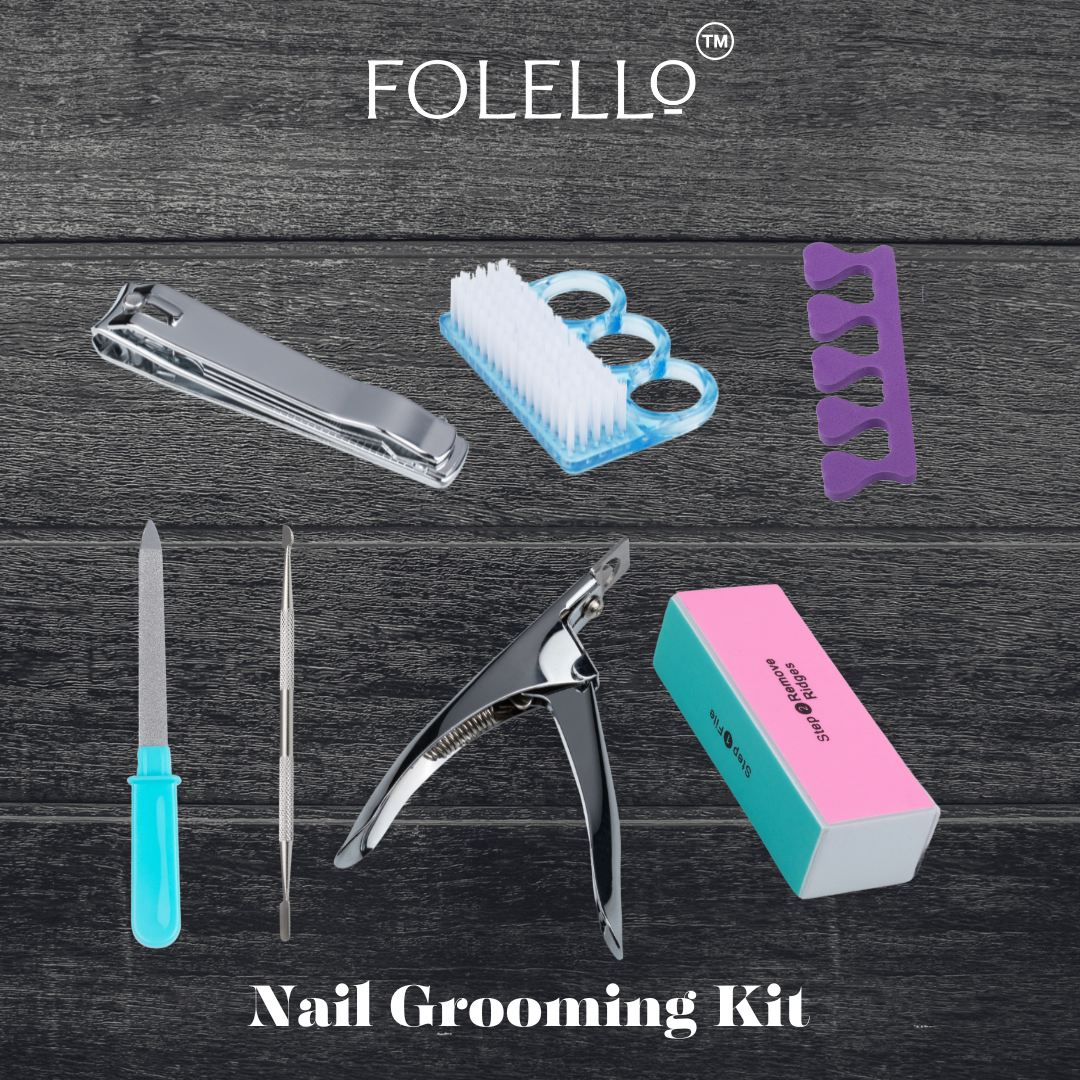 FOLELLO Nail Grooming Kit -1 Nail Clipper/Cutter with 1 Nail Tip Cutter, 1 Nail Cuticle Remover/Pusher, 1 Nail Cleaner Brush, 1 Nail Buffer Block, 1 Set of Pedicure Toe Separators for women, 1 Nail File