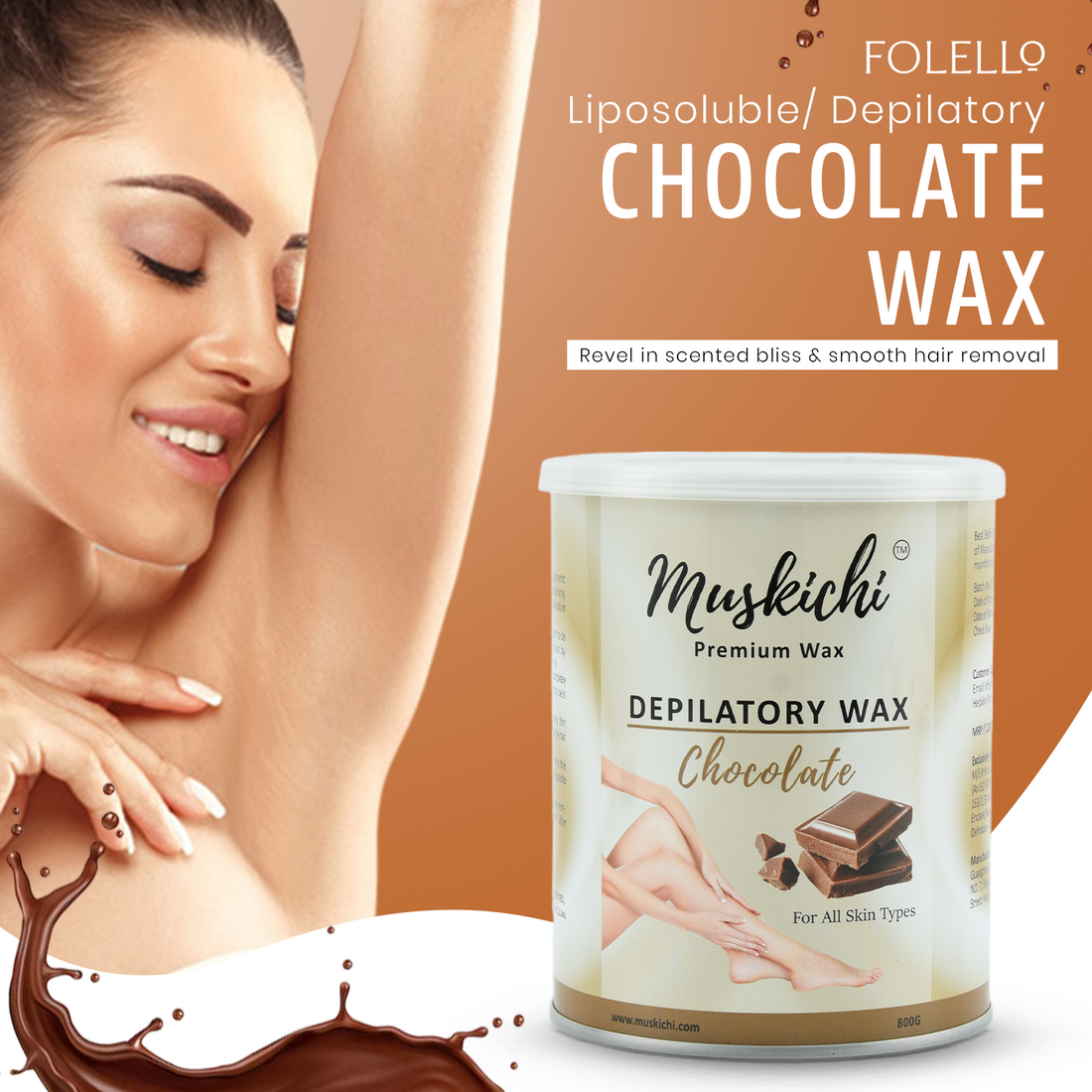 MUSKICHI Wax for Smooth Hair Removal (800 ml) Chocolate Liposoluble Wax for Face - Upper Lips, Arms, Legs, Bikini Line, Underarms and Full Body | Wax for Men & Women | Wax for All Skin Types (Rica Wax)