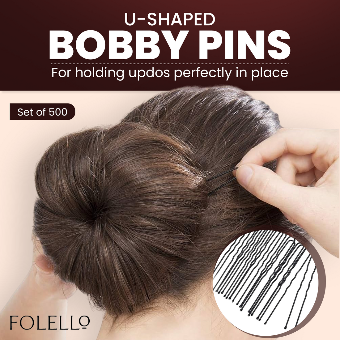 FOLELLO Combo Set of 500pcs Bobby Pins for Home and Salon Use, Hair Pins for Women 2 inch Fringe and Riple U Shaped Pins for Bun, Juda Pins Hair Styling Accessories for Women (Black)