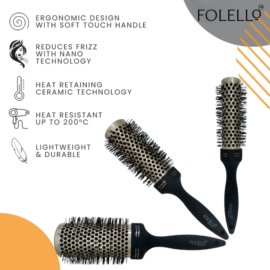 FOLELLO Ceramic Round Hair Blow Dry Brush Trio: 32mm, 42mm, 52mm + Free Hair Brush/Comb Cleaner