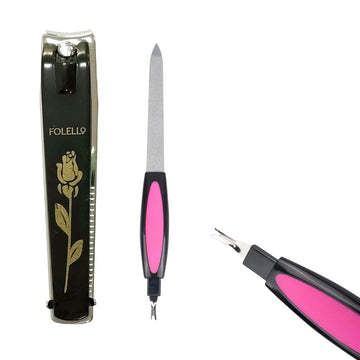 FOLELLO Nail Grooming Kit with 1 Large Nail Cutter & 1 Professional Nail Filer or Cuticle Remover | Professional Manicure Set for Home, Salon & Parlour (Pack of 2)