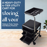 FOLELLO Adjustabele Pedicure Moveable Trolley Cart with Sitting Tool | Removable Accessory Tray with compartments | Handle Knob with Cushion Pads for Comfortable Seating (Black)