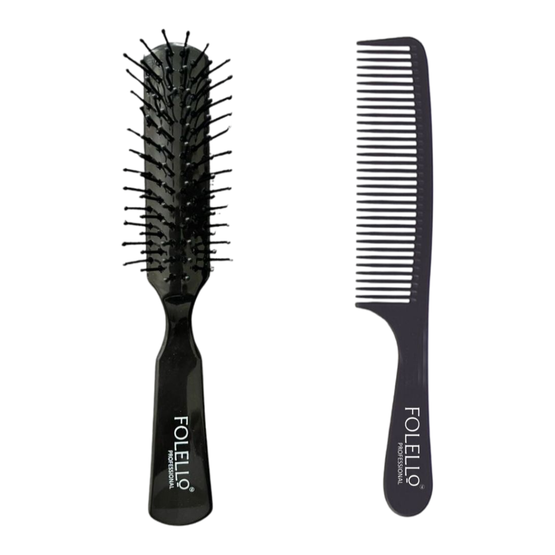 FOLELLO Combo Pack of Hair Brush for Men/Women & Professional Carbon Fiber Comb with Handle | Perfect Brush for Detangling, Smoothening with Flexible Bristles (Set of 2)