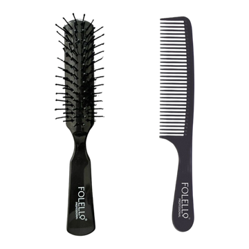 FOLELLO Combo Pack of Hair Brush for Men/Women & Professional Carbon Fiber Comb with Handle | Perfect Brush for Detangling, Smoothening with Flexible Bristles (Set of 2)