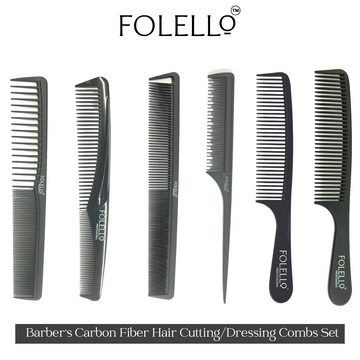 FOLELLO Barber's Carbon Fiber Hair Cutting/Dressing Combs Set of 6 + Bonus Hair Brush/Comb Cleaner