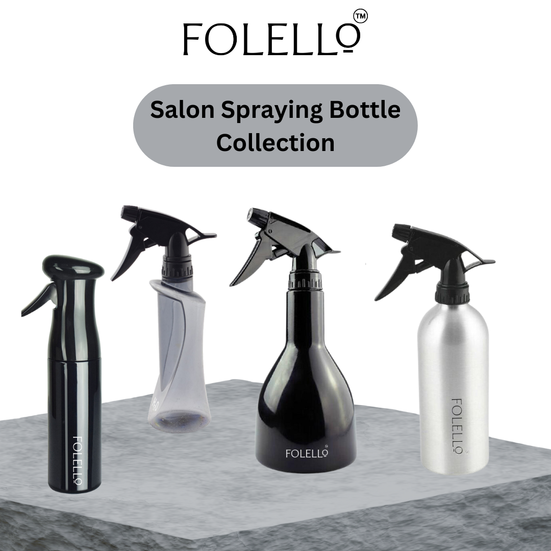 FOLELLO Salon Spraying Bottles Set - 200ml Magic Mist Spray, 300ml, 500ml & 400ml Silver Aluminum Spray Bottles, Pack of 4
