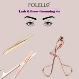 FOLELLO Rose Gold Eye Lash Grooming Kit - 1 Eyelash Curler with 1 Tweezer/Plucker for Women Facial Hair and 1 Small Grooming Scissor for Moustache Beard Eyebrow and Nose Hair 